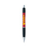 A red and black pen with a brand logo, featuring a sleek design and a smooth writing tip.