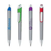 Four metal pens in silver and various colours with clips, featuring different logos.