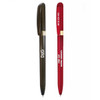 Two metal pens are displayed: one in dark green with a logo and the other in bright red with text.