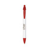 A white pen with a red grip and tip, featuring a logo and sleek design.