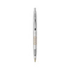 A clear plastic pen with a gold trim and a click mechanism, featuring a logo on the barrel.