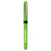 A green pen with a black grip and a silver nib, featuring branding on the barrel.