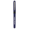 A navy blue pen with a silver clip, featuring a branding logo on the barrel.