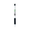A grey-lead pencil with a white body, a black rubber grip, and a logo printed on it.