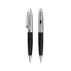 A sleek carbon fibre twist pen in black with silver accents, featuring a branding logo.