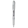 A metallic silver permanent marker with a textured grip and a cap, featuring a logo on the barrel.