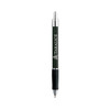 A metallic pen in black with silver accents and a logo on the barrel.