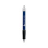 A metallic blue pen with a black grip and a silver accent, featuring branding on the barrel.