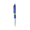 A metallic pen with a blue barrel and silver tip, featuring a clip and branding.