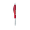 A red metallic pen with a silver tip and a logo. It features a plastic design for writing.