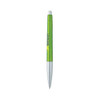 A metallic pen with a bright green barrel and silver accents, featuring a logo on the barrel.