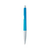 A blue metallic pen with a silver tip and a smooth plastic body, featuring a logo on the barrel.