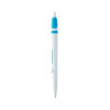 A white plastic pen with a blue top and a branding logo. It has a smooth, sleek design.