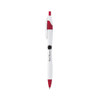 A curved pen featuring a white body with red accents and a logo printed on it.