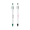A curved pen with white body, green and black accents, featuring a logo on one side.