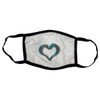 A cotton face mask featuring a black border and a heart design in shades of grey and blue.