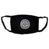 A black cotton face mask featuring a circular design in the centre. The mask has ear straps and a logo.
