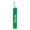 A green bottle opener with a loop attachment and a logo.