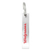A drink bottle opener in silver metal featuring a red logo on one side, attached to a keyring.