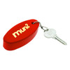 A red floating keychain with a key attached, featuring a logo on its surface.