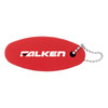 A red floating keychain with a rounded shape and a silver bead chain attachment, featuring a logo.