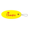 A yellow floating keychain with a logo attached by a silver ball chain.