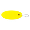 A yellow floating keychain with a silver chain and ball attachment. It features a smooth, oval shape.