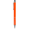 An orange stylus pen with silver accents and a clip, featuring a smooth grip section near the tip.
