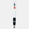 A white stylus pen with a black grip and an emblem on the side. It features a shiny silver top and accents.
