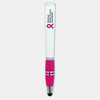 A stylus pen featuring a white barrel and a pink grip, adorned with a logo.