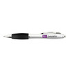 A silver pen with a black grip and a logo, featuring a sleek design and chrome accents.