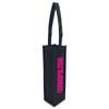 A black non-woven wine tote bag with a long handle and a logo. Designed to hold a single wine bottle.