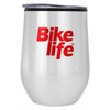 A drink bottle in silver with a black lid and a red logo.