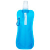 A drink bottle in translucent blue, featuring a nozzle and a carabiner clip, with a logo.