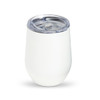 A drink bottle in a white finish with a clear lid, featuring a logo. Ideal for beverages.