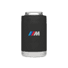 A black stubby cooler with a silver base, featuring a branded logo on the front.