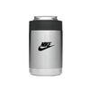 A stainless steel stubby cooler with a black top and a logo. Suitable for holding cans.