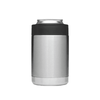 A stainless steel stubby cooler with a black silicone band, featuring a logo. Ideal for keeping drinks cold.
