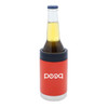 A red stubby cooler with a black top holding a bottle of beer. It features a logo.