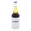 A stainless steel stubby cooler with a black top, holding a beer bottle. It features a logo on the front.