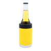 A drink bottle covered in a bright yellow stubby holder with a black top and a silver base.