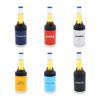 A set of six stubby coolers in navy blue, red, silver, orange, and black, featuring various designs and a logo on each.