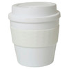 A white 235mL cup with a white silicone band and a lid, featuring a logo.