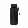 A drink bottle in matte black with a screw top and a strap, featuring a minimalistic design.