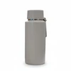 A drink bottle in light grey with a screw-top lid and a silver interior, featuring a logo.