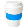 A drink bottle in white with a blue silicone grip and a matching lid, featuring a logo on the side.