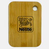 A small bamboo cutting board featuring a circular hole and a logo. The board has a natural wood finish.