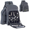 A grey picnic backpack with cutlery, drink bottles, glasses, and plates neatly organised inside. It has a logo on the front.