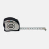 A silver and black professional tape measure with a branding logo, extended to show measuring tape.