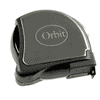 A professional 5-metre tape measure in black and silver, featuring a circular design and a branding logo.